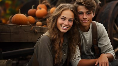 Cute teenaged couple enjoying a fall gathering on the country farm with friends