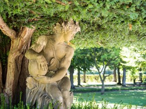 Sculpture under a shrub in the courtyard garden