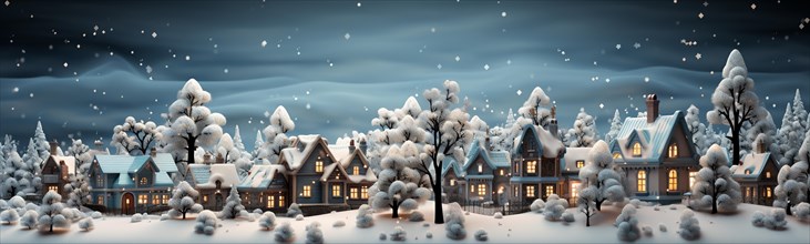 Miniature holiday christmas decorated town and snowy village scene banner. generative AI