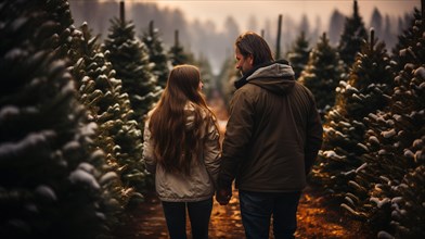 Young romantic couple walking to choose A christmas tree at the farm. generative AI