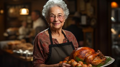 Happy elderly woman wearing her apron fixing her thanksgiving turkey and all the fixings in the kitchen