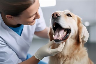 Friendly female veterinarian performing a check up on the dental health of a Golden Retriever dog. AI generated