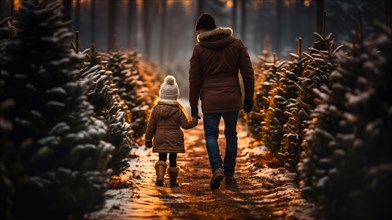 Young father and daughter walking to choose A christmas tree at the snowy farm. generative AI