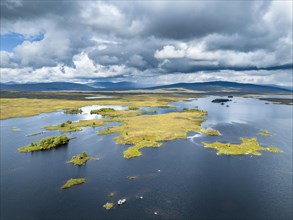 Aerial view of the islands and surrounding peat swamp of Loch Ba