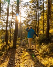 A young man looking at the sun with a blue jacket on a trek through the woods one afternoon at sunset. Artikutza forest in Oiartzun
