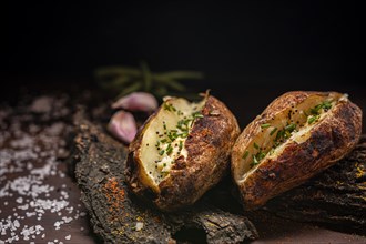 Rustic baked potatoes close up