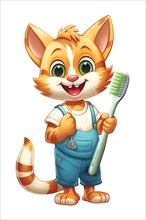Illustration of a smiling kitten holding a toothbrush over white background promoting dental health in felines. AI generated