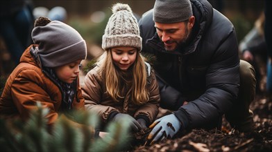 Young father and children planting christmas trees at the tree farm. generative AI