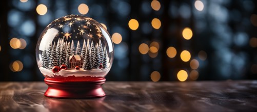 Christmas snow globe with pine trees and cabin on a wood surface banner. generative AI