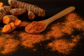Fresh turmeric root and ground turmeric in a wooden spoon isolated on black background and copy space
