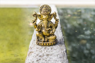 Gold Ganesha statue on a trunk over the water. Copy space