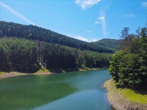 A beautiful lake with pine trees around it and some beautiful beaches. Aerial drone view of the reservoir in summer