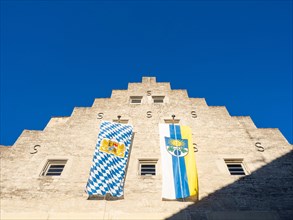Flags hanging from the town hall