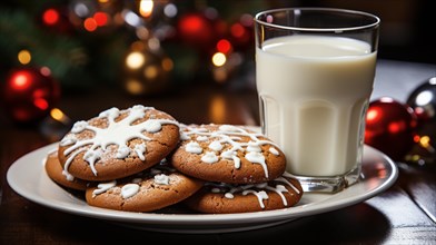 Gingersnap cookies and milk on a small plate waiting for santa clause amist the decorations on christmas eve. generative AI