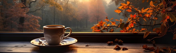 Cup resting on window sill with a fall mountain country view banner