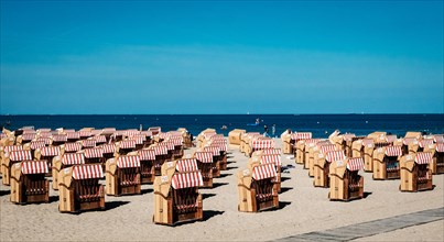 Beach chairs on the Baltic Sea beach in Travemuende. Schleswig-Holstein