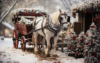 Horse pulling a holiday decorated carriage through the christmas village. generative AI