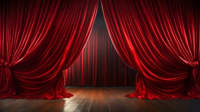 Dramatically lit lustrous red velvet theatre curtains and wooden stage floor. generative AI