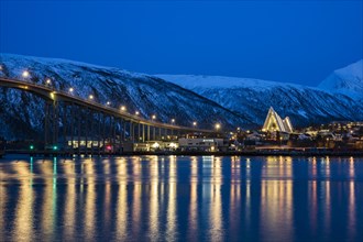 Ice Sea Cathedral and Tromsobrua Bridge at Blue Hour