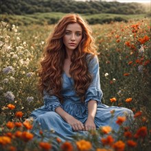 Redheaded woman sitting in wildflower field