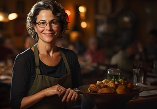Proud middle-aged woman wearing an apron stands near her seasonal meal she prepared in her house