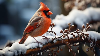 Christmas red cardinal bird on the branch on a wintery snowy day. generative AI