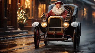 White bearded older man driving classic vintage car down the festively christmas decorated street. generative AI
