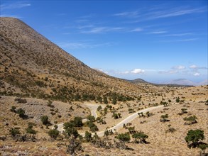 Narrow road winds through karst mountain landscape at Psiloritis