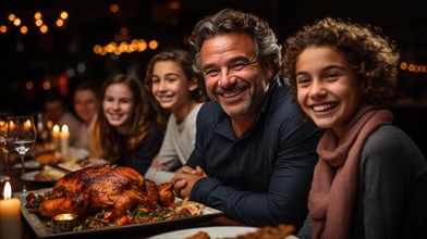 Thanksgiving family portriat at the seasonal dinner table