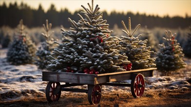 Christmas trees with red bows placed on the tree farm cart. generative AI