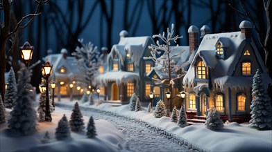 Miniature holiday christmas decorated town and snowy village scene. generative AI