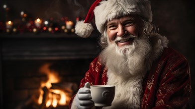 Santa claus enjoying his cup of hot cocoa next to the christmas tree and fireplace. generative AI