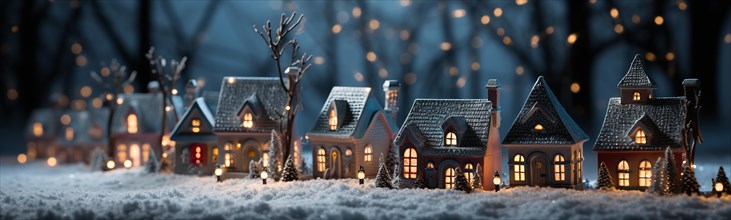 Miniature holiday christmas decorated town and snowy village scene banner. generative AI