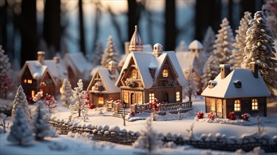 Miniature holiday christmas decorated town and snowy village scene. generative AI