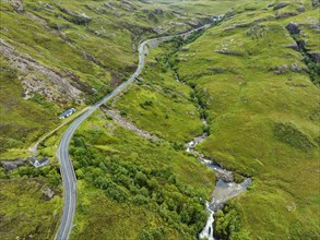 Aerial view of the A82 scenic road through Glen Coe