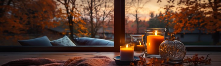 Candles resting on window sill with a fall mountain country view banner