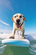 Excited Labrador Retriever riding a wave on a surfbard on a sunny day with blue sky. AI generated