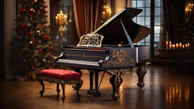 Classic ornate grand piano in A christmas decorated music room. generative AI