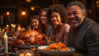Thanksgiving african american family portriat at the seasonal dinner table with Turkey