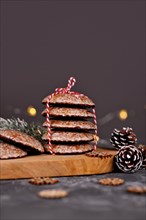 Stacks of traditional German round glazed gingerbread Christmas cookie called 'Lebkuchen' with copy space