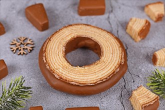 Slice of traditional German layered winter cake called 'Baumkuchen' glazed with chocolate showing thin layers inside of cake surrounded by cake pieces and fir branches