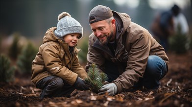 Young father and son planting christmas trees at the tree farm. generative AI