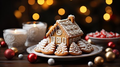 Christmas gingerbread house and treats on a small plate amist the decorations. generative AI