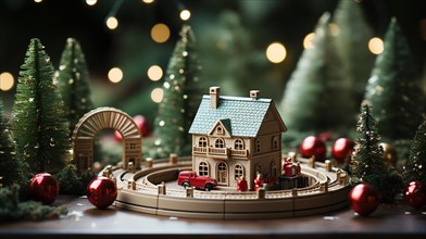 Miniature train and town set with christmas decorations and trees. generative AI