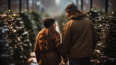 Young romantic couple walking to choose A christmas tree at the farm. generative AI