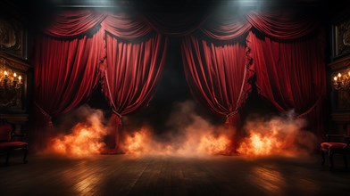 Theatre stage with red velvet curtains on fire. generative AI