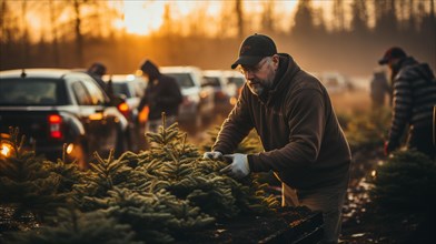 Middle-aged man working at the christmas tree farm during the holiday season. generative AI