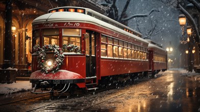 Festive christmas holiday decorated town trolley driving down the street. generative AI