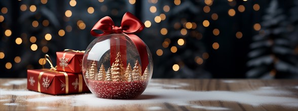 Christmas snow globe with pine trees and small gift boxes on a wood surface banner. generative AI