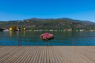 Elevated Walkway with Flowers on the Railing on Lake Lugano with Mountain in a Sunny Summer Day in Porto Ceresio